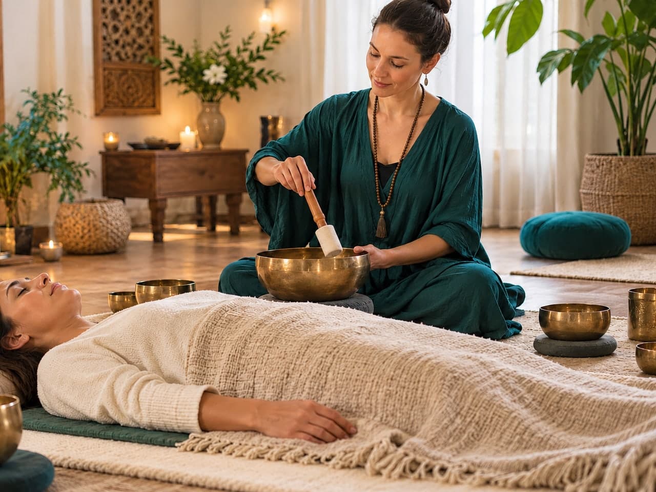 Hangtálas alkalom: takaróval betakart fekvő vendég, mellette hangtálakkal dolgozó terapeuta